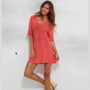 MINNIE ROSE Open Knit Guava Fringe Tunic/Cover Up